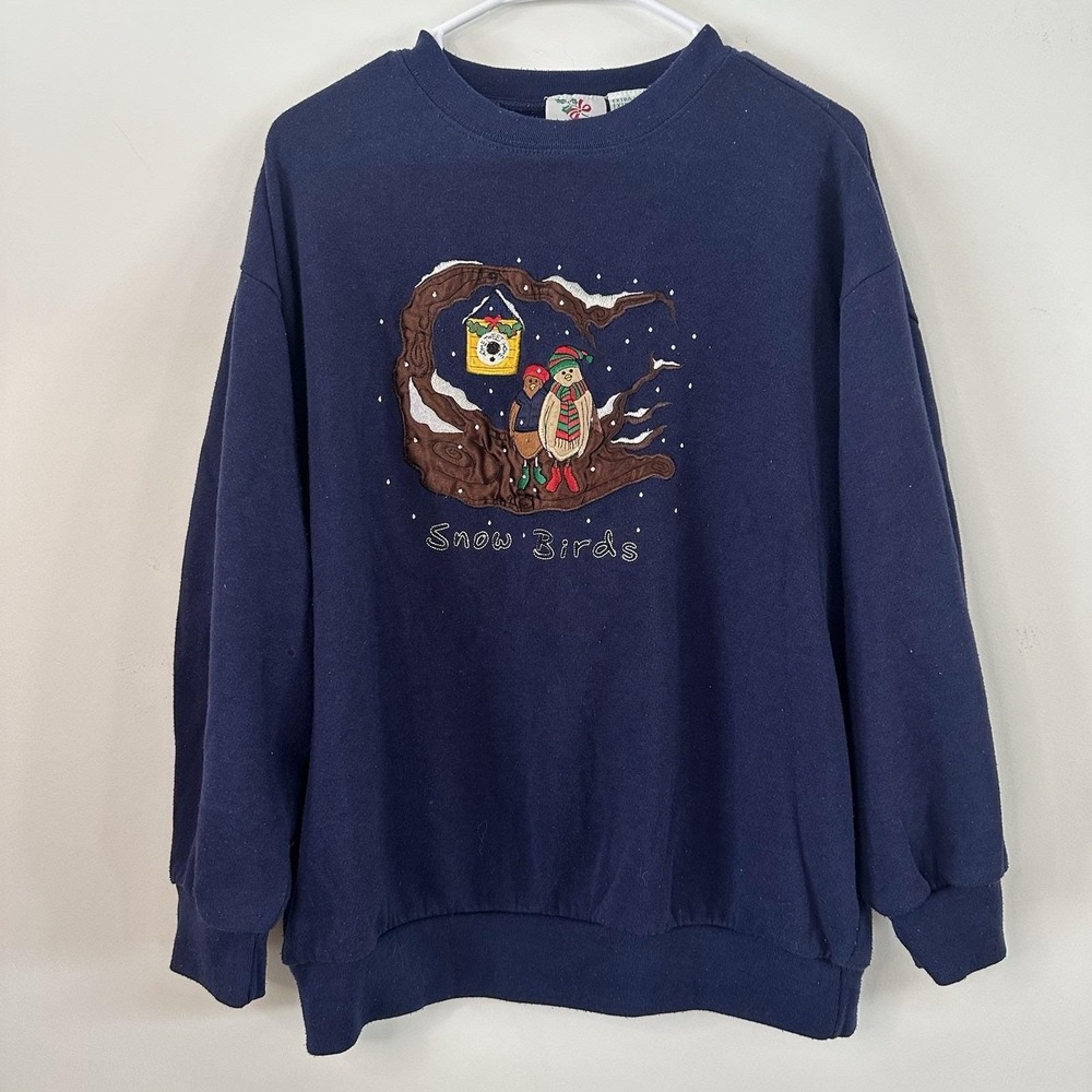 VTG Grandma Sweater‎ "snow Birds" Nutcracker Christmas Blue Pullover XL Winter